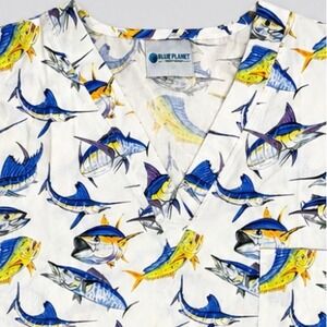 Blue Planet Fish Print Scrub Top 5XL White Fishing Nautical Uniform Cotton Blend